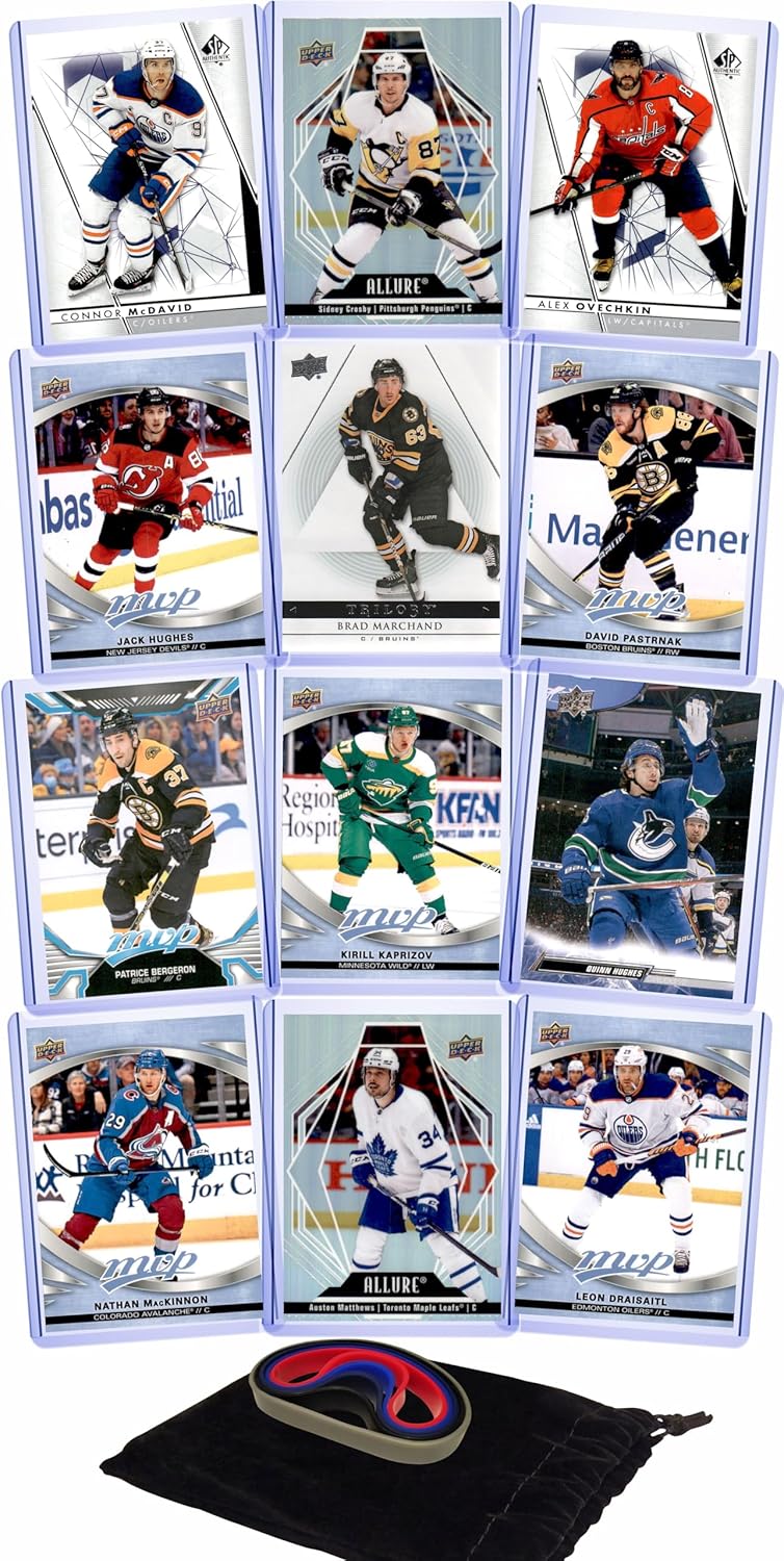 Chaser Hockey Cards: Connor McDavid, Jack Hughes, Brad Marchand, Sidney Crosby, David Pastrnak, Patrice Bergeron, Alexander Ovechkin, Kirill Kaprizov, Quinn Hughes, Nathan MacKinnon, Auston Matthews, Leon Draisaitl (12) Assorted Cards Gift Pack - Image 1